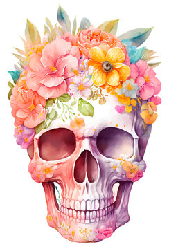 Boho skull with pink and orange flowers illustrations in watercolor style. Sugar skull art with pastel colors floral on white background. Generative AI image.