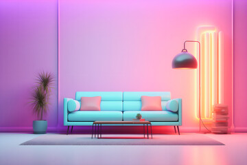 Neon Pastel Interior Delight: Blank Wall for Social Media Posts and Sale Concepts