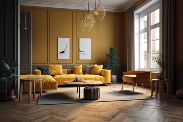 Fototapeta premium Classic living room with modern sofa, pastel colored walls, large windows, wooden floor. Walls and upholstered furniture in shades of yellow, which is the main color in the room. Generative AI