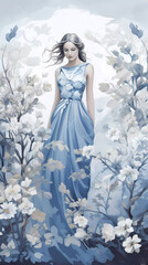 hand drawn illustration of a woman in a long dress
