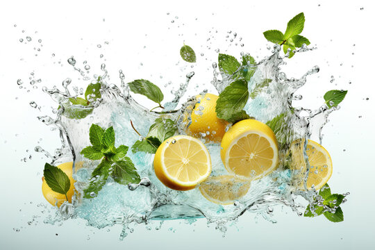Water splash on white background with lemon slices, mint leaves and ice cubes.