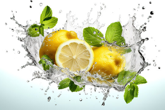 Water splash on white background with lemon slices, mint leaves and ice cubes.