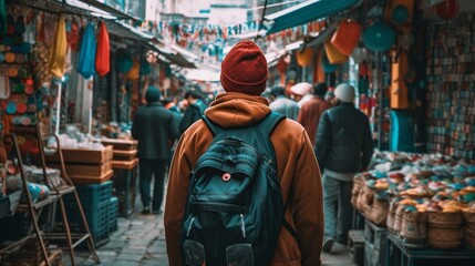Obraz premium A man from behind walking through a colorful and chaotic street market in a foreign city, with a backpack on his back Generative AI