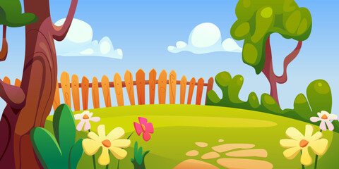Backyard Garden with Wooden Fence. Summer Landscape with Trees, Flowers, Grass and Stone Paved Ground. Vector Illustration in Cartoon Style.