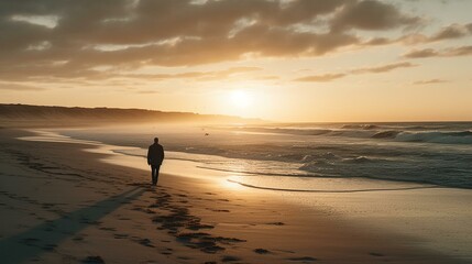 A man from behind walking along a deserted stretch of beach at sunset, with the waves crashing behind him and a sense of calm and serenity Generative AI