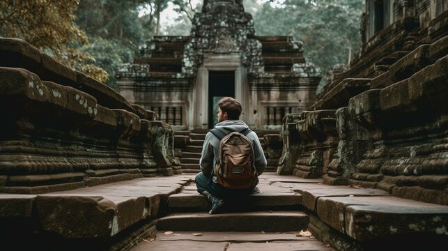 A man from behind sitting on the steps of an ancient temple in a foreign land, with a backpack at his feet and a look of contemplation on his face Generative AI
