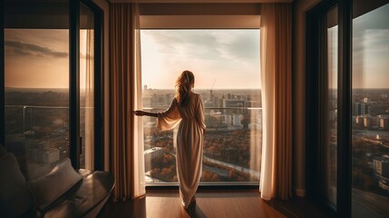 A girl from behind standing on the balcony of a luxurious hotel room, with sweeping views of the surrounding city or countryside Generative AI - obrazy, fototapety, plakaty