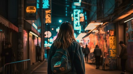 A girl from behind strolling through a bustling city street, with towering skyscrapers and neon lights illuminating the scene Generative AI