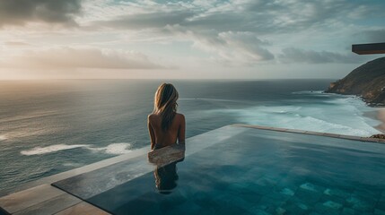 A girl from behind sitting on the edge of a infinity pool, with a stunning ocean view stretching out to the horizon Generative AI