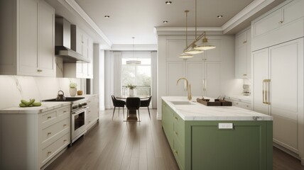 Interior of modern spacious kitchen. Combination of white and pistachio colors, natural wood floor. Kitchen island with large work area. Generative AI