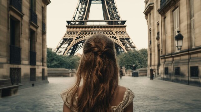 A girl from behind standing in front of a historic landmark, such as the Eiffel Tower or the Colosseum Generative AI