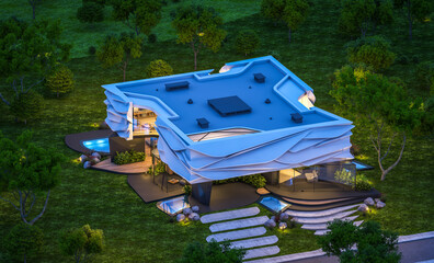 Fototapeta na wymiar 3d rendering of cute cozy modern house with bionic natural curves plastic forms with parking and pool for sale or rent with beautiful landscape. Clear summer night with many stars on the sky