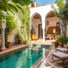 Obraz na płótnie Canvas Exquisite Riad Patio Featuring a Swimming Pool. AI