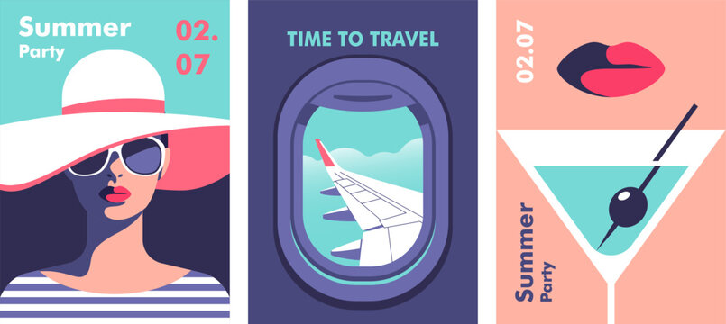 ummer time. Concept of summer party and travel. Perfect background on the theme of season vacation, weekend, beach. Vector illustration in minimalistic style for posters, cover art, flyer, banner.