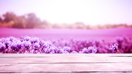 Obraz na płótnie Canvas Beautiful lavender field with wooden tabletop for product display and presentation. Rustic podium overlooking the blooming lilac garden in summer background. Ai generated