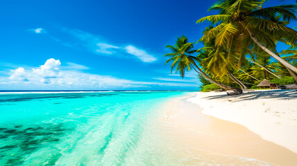 Tropical summer beach with turquoise water and blue sky illustration. Ai generated travel background with beautiful seascape with palms. Exotic destination banner for holidays with ocean or sea view