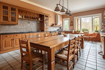Interior of a spacious country and rustic style kitchen, wooden furniture, large dining table and chairs. Generative AI