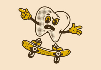 Mascot character of tooth jumping on skateboard