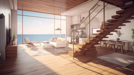 The interior of a bright living room in a house by the sea with a sofa, armchair and TV on the wall. Wooden staircase to the second floor. Panoramic windows with a beautiful view of the Generative AI