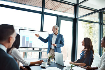 Presentation, ceo and man with team, planning and sales with teamwork, strategy and brainstorming....