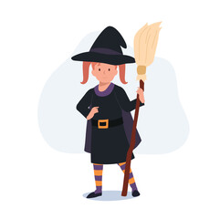 little cute girl in colorful halloween costumes as witch. Happy Halloween trick or treat. Flat Vector cartoon illustration