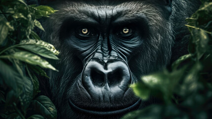 Close-up of a gorilla in the rain forest. Wildlife animals. Generative AI.
