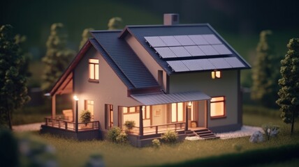 Fototapeta na wymiar Modern two-story cottage with solar panels on the roof. Neat lawn in front of the house. Soft sunset light. The concept of smart home and alternative energy. Tilt shift lens effect. Generative AI
