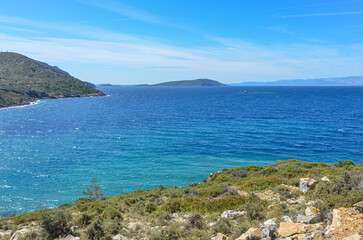 scenic view of Tuzla Bay and Kara Ada island on Turkish Aegean coast near Kucukbahce (Karaburun, Izmir province, Turkiye)