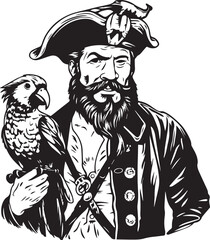 Pirate in hat and beard with parrot Vector illustration, SVG