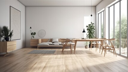 Modern spacious living room with large panoramic windows. Minimalist light interior in Scandinavian style, simple wooden furniture, light textiles, white walls. Generative AI
