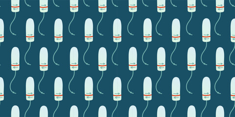 Menstrual periods seamless pattern tampon, pads, menstrual cup. Female regular menstrual cycle concept.