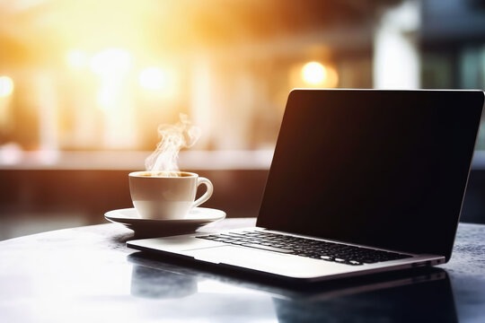 Laptop and Coffee Cup on Blurred Cafes Table Background. Freelance working concept. Generative AI.