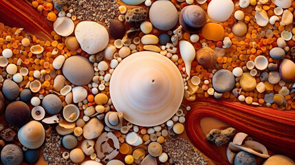 Unveiling the Hidden Beauty: A Zoomed-In Exploration of Extraordinary Beach Stones, Sand and Shellyfish - ai generative