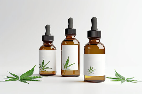 Medicinal cannabis oil extracts in jars and green cannabis leaves, alternative medicine. Different glass bottles with CBD OIL. AI generative