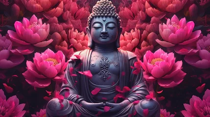  Buddha statue with lotus flower background.Generative Ai © Rudsaphon