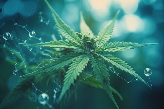 Closeup view of green Cannabis sativa leaf with beauty bokeh under sunlight for natural and freshness wallpaper. Medical marijuana cultivation. Copy space concept. Ai generative.