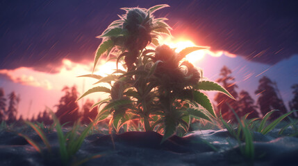 Little Cannabis CBD plant in the sand - Legal Marijuana - Smoking weed - Cannabis with sunset - Generative AI - obrazy, fototapety, plakaty