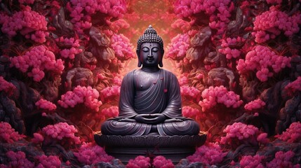 Buddha statue with lotus flower background.Generative Ai