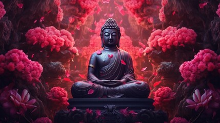 Buddha statue with lotus flower background.Generative Ai