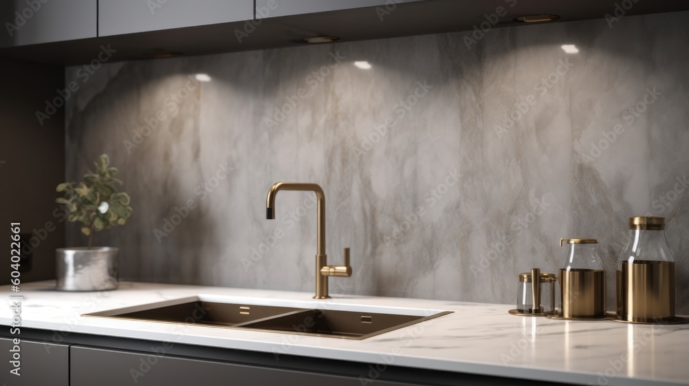 Wall mural close-up of a kitchen water faucet with a sink on a marble finished countertop. modern kitchen inter