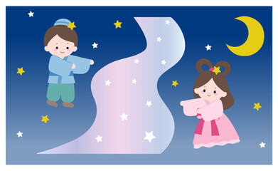 夜空の天の川と織姫と彦星の七夕イラスト