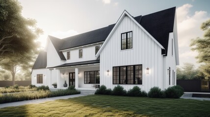 Large modern two-story home finished with white siding. Green lawn, trees and bushes around the house. American scandinavian nordic style. Generative AI