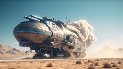 A futuristic metal all-terrain vehicle in the desert on the surface of an alien planet. Space research and exploration of distant worlds. Generative AI