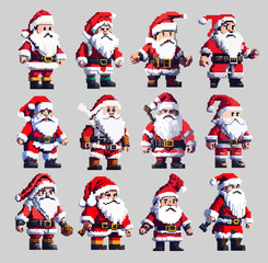 Christmas pixel art set Santa Claus in a festive costume came to the holiday to congratulate children and adults with gifts. Illustration in pixel art 8-bit style
