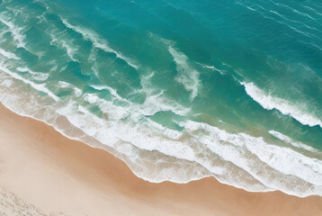 Fototapeta na wymiar Aerial top down view of beach and sea with blue water, Ocean waves on the beach, Beautiful natural summer vacation. Generative AI.