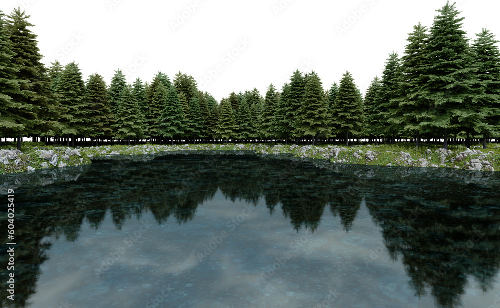 Fototapete realistic lake and forest tree line. 3d rendering of isolated objects.