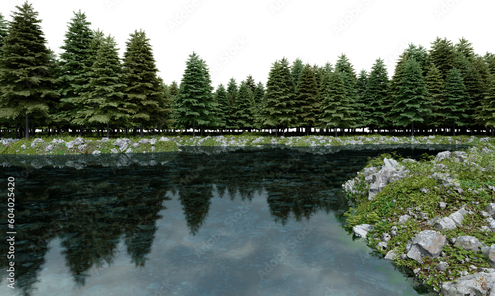 Fototapete realistic lake and forest tree line. 3d rendering of isolated objects.