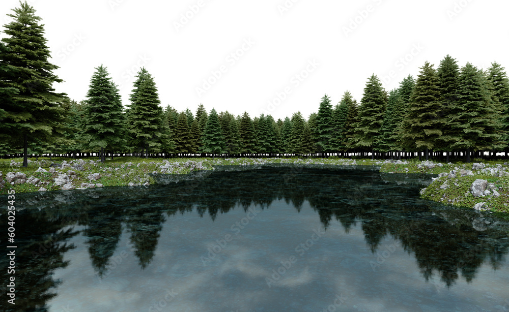 Fototapete realistic lake and forest tree line. 3d rendering of isolated objects.