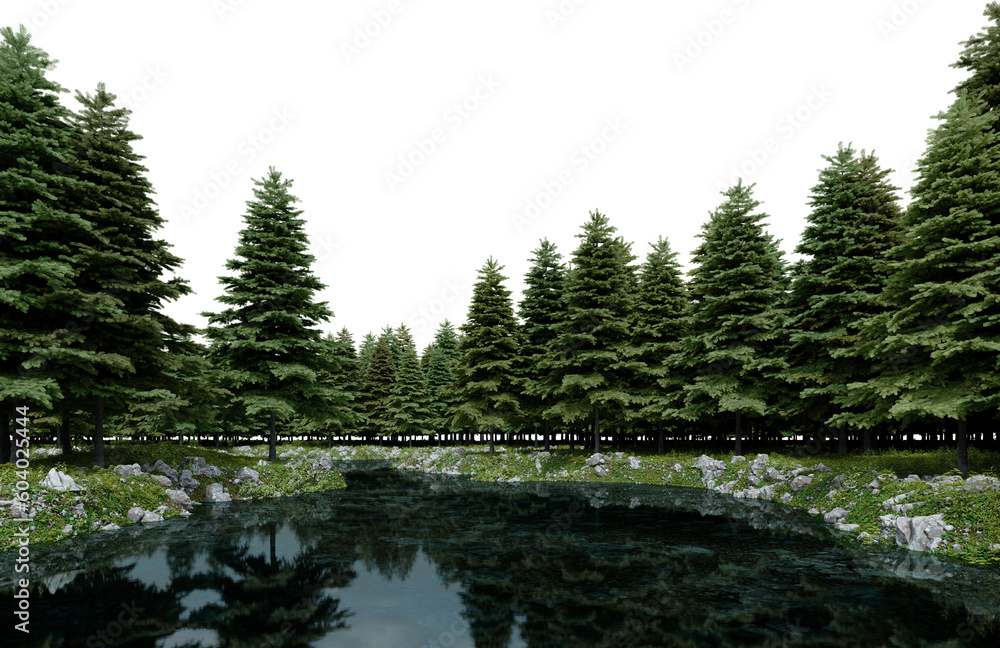 Fototapete realistic lake and forest tree line. 3d rendering of isolated objects.