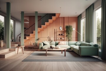 Modern living room with comfortable sofa, pastel colored walls, large windows, stairs to the second floor. A combination of dusty pink and shades of green. Trendy color combination. Generative AI - obrazy, fototapety, plakaty